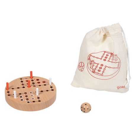 Juego de parchís de madera Goki en bolsa de almacenamiento de algodón