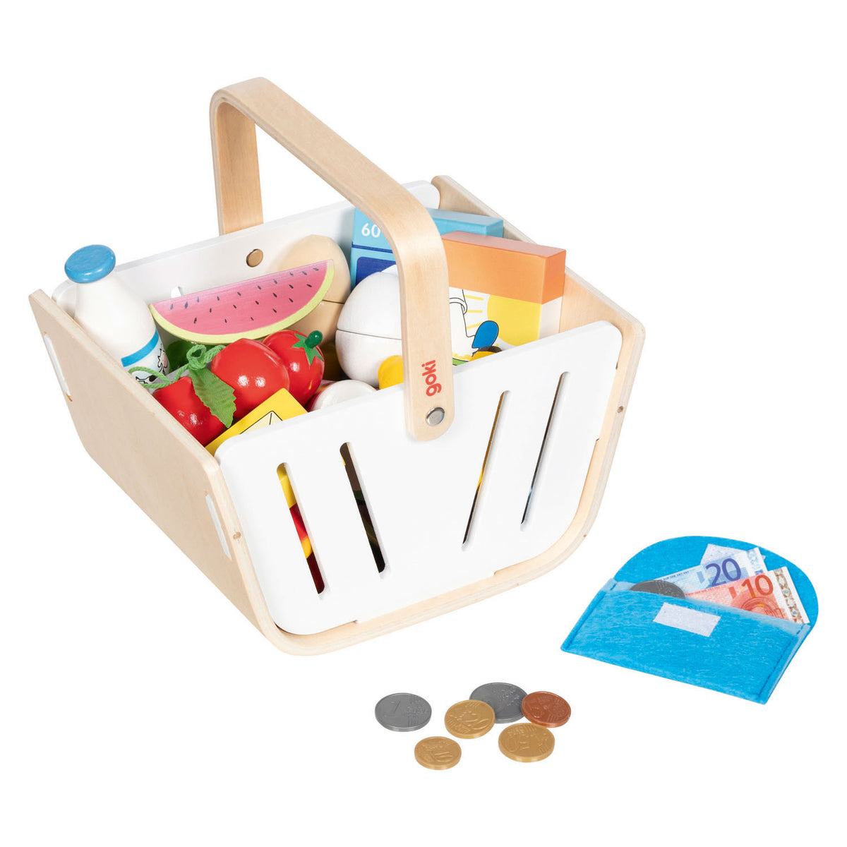 Cesta de la compra de madera Goki con cartera de tela