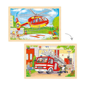 Puzzle de madera Goki - helicóptero y camión de bomberos - 24 piezas