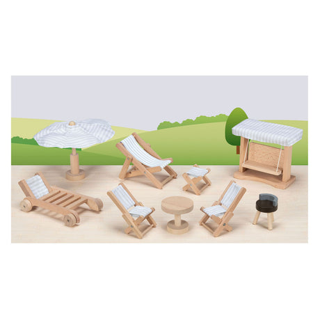 Muebles de casa de muñecas Goki: muebles de jardín, 9 piezas, columpio h10,5cm, madera y textil, 3+