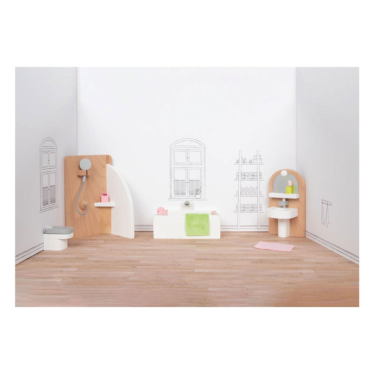 Muebles casa de muñecas Goki: baño de diseño, 10 piezas, 11,2x6,2x6cm (bañera), madera de haya y tela, 3+