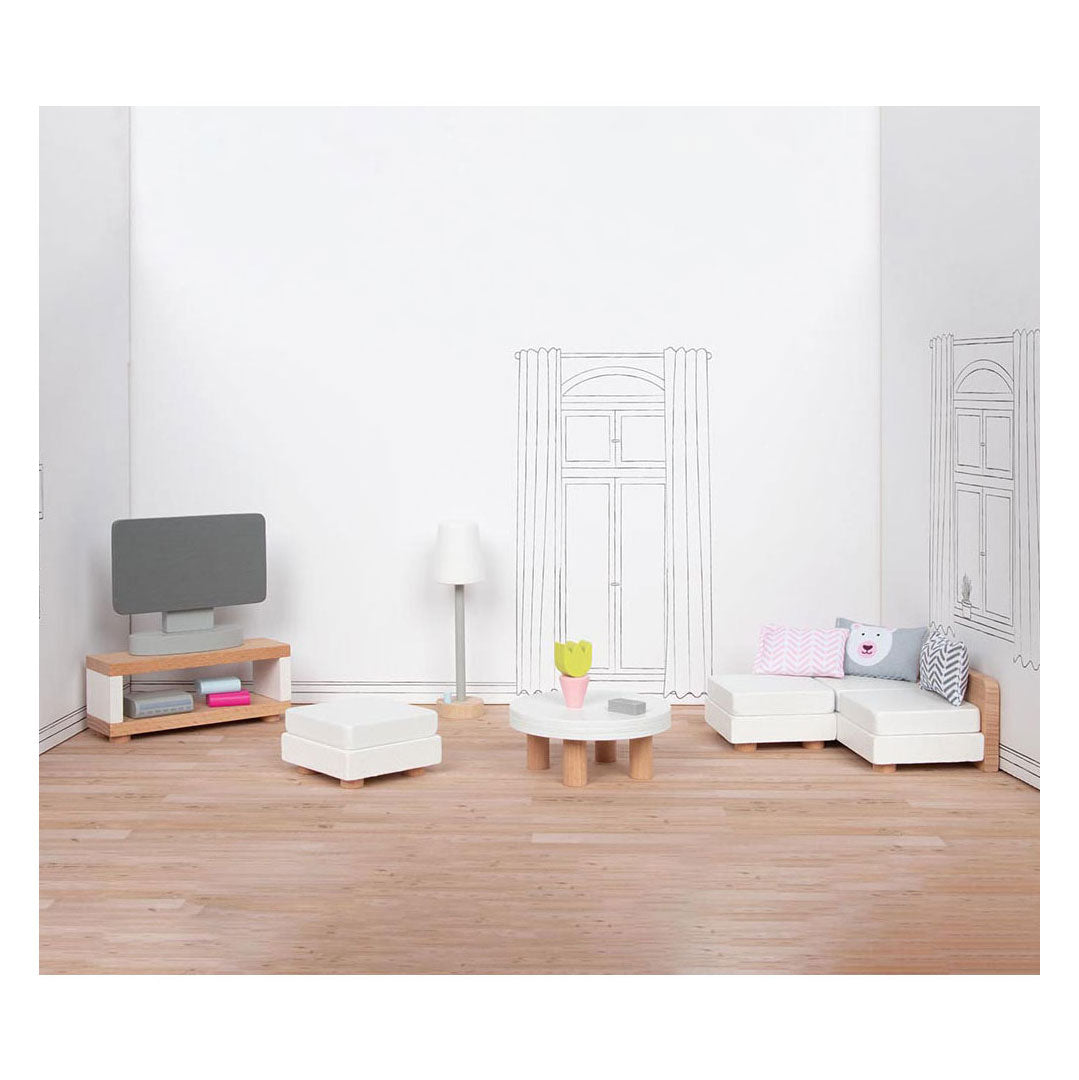 Muebles casa de muñecas Goki: salón de diseño, 15 piezas, 9,5x3x4cm (mueble de televisión), madera de haya y tela, 3+