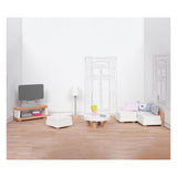 Muebles casa de muñecas Goki: salón de diseño, 15 piezas, 9,5x3x4cm (mueble de televisión), madera de haya y tela, 3+