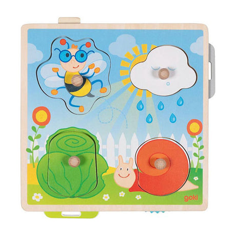 Puzzle de Goki: en el jardín 21,8x22,5x2,8cm, 4 piezas, con imágenes de fondo, madera, 1+
