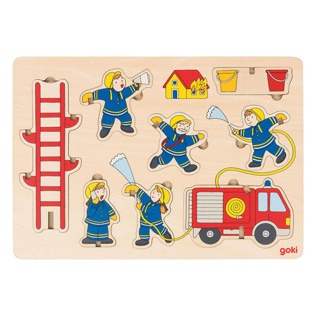 Rompecabezas de Goki: los bomberos 30x21x0,8cm, 9 piezas, madera, las piezas del rompecabezas permanecen en posición vertical, 2+