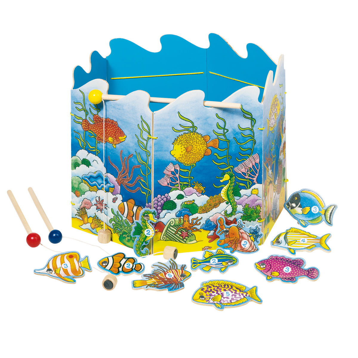Juego de pesca Goki diam.30cm, 19 piezas, con 2 cañas de pescar con imán, madera, 3+