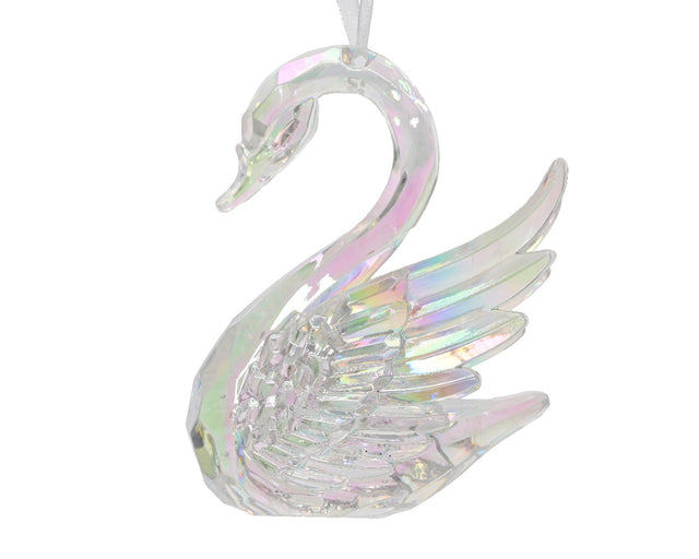 Decoris Colgante navideño cisne plástico transparente iridiscente 6,5x9x10cm