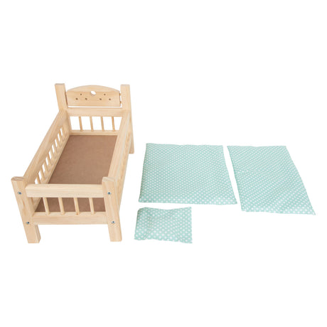 Pequeño pie - cama de muñecas de madera, por supuesto, con ropa de cama, 4dg.