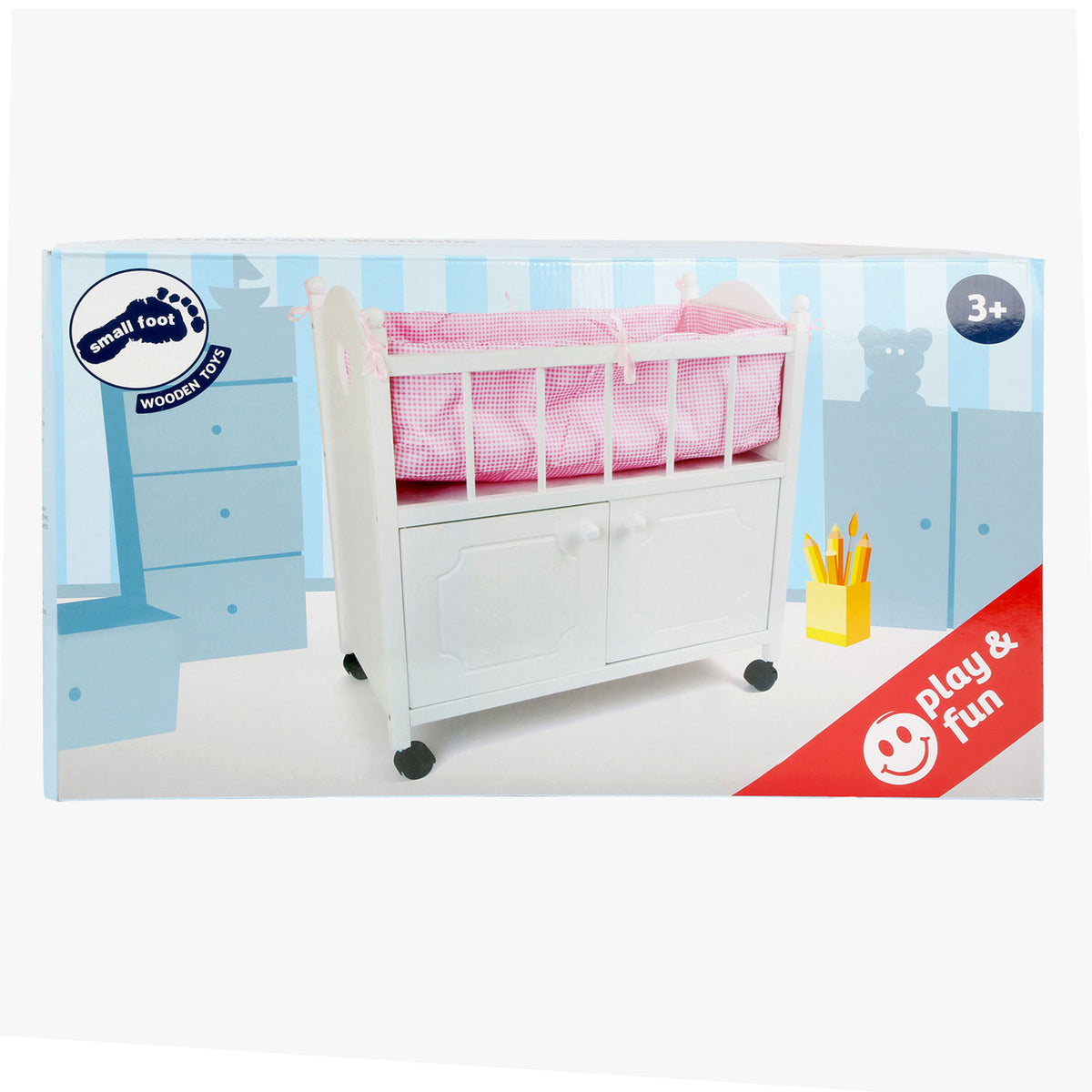 Cama de muñeca de madera de pie pequeño con cajones