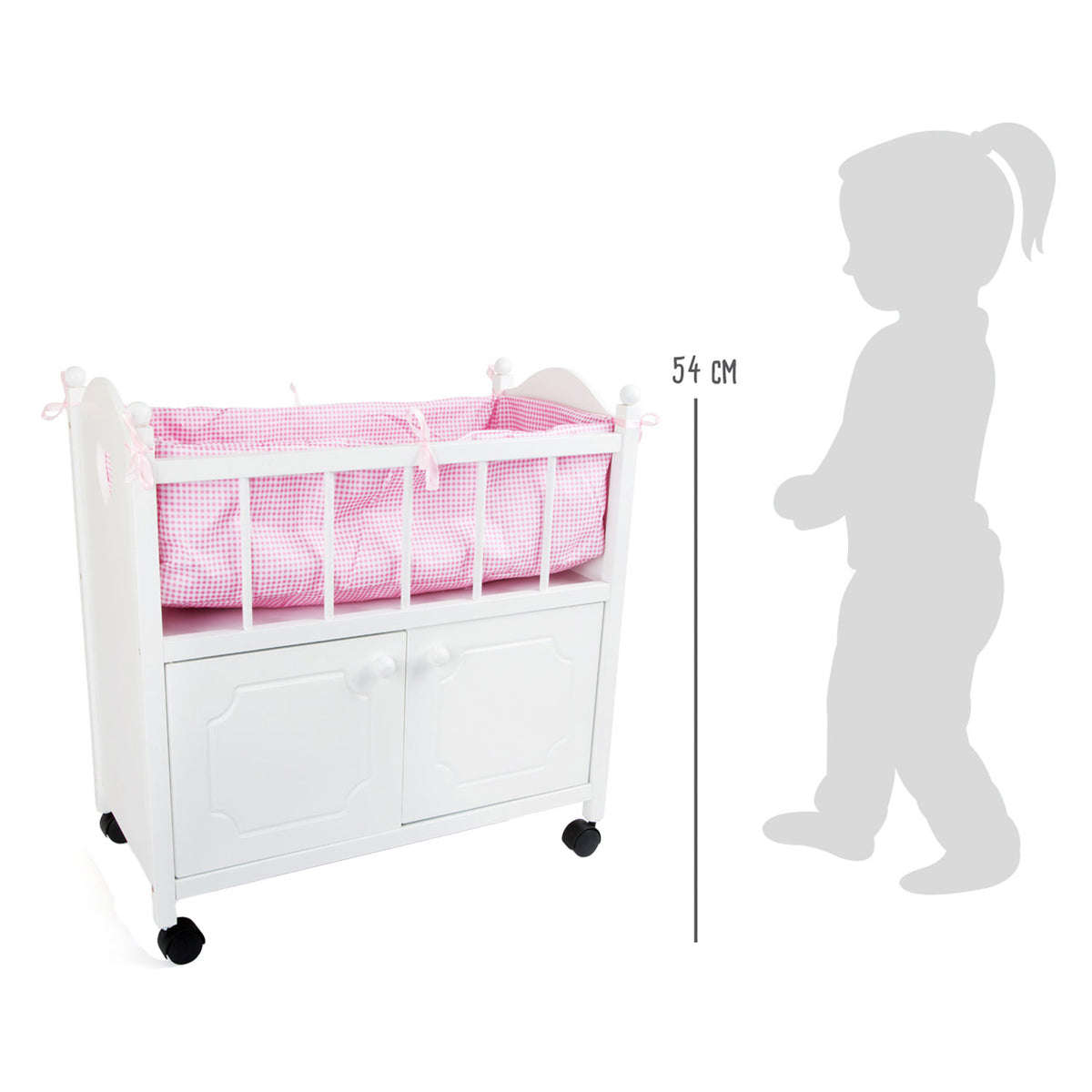 Cama de muñeca de madera de pie pequeño con cajones