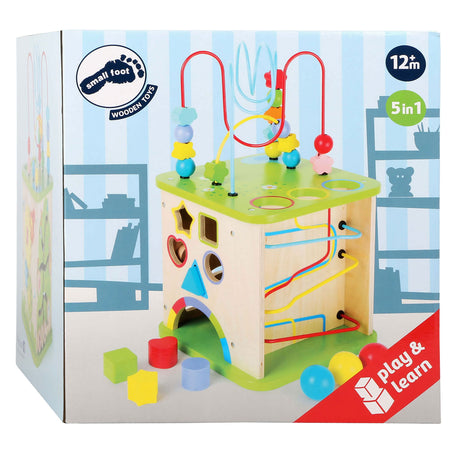 Small foot - Cubo de actividades de madera con pista de mármol, 8 piezas.