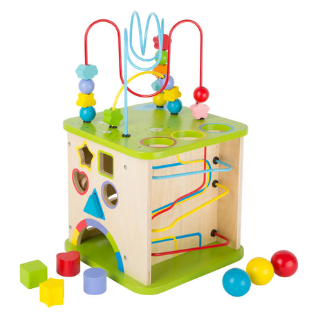 Small foot - Cubo de actividades de madera con pista de mármol, 8 piezas.