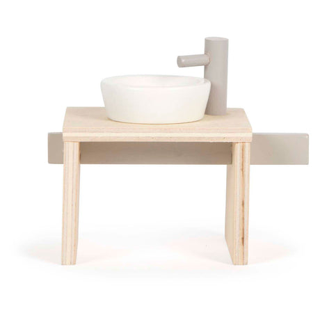 Baño de muebles de casa de muñecas de madera de pie pequeño