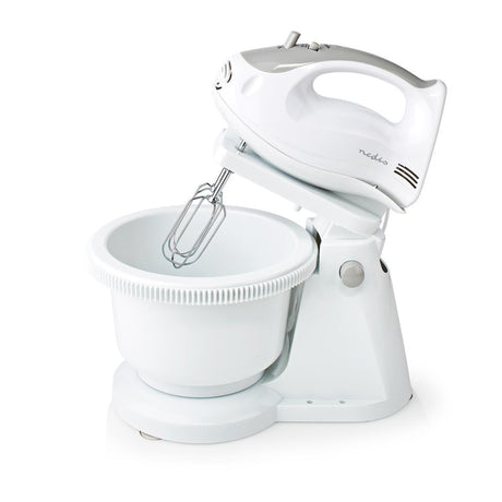 Nedis Kahm110CWT Batidora de mano 200 W 5 velocidades Función Turbo Bol giratorio 2 ganchos amasadores 2 batidores gris blanco