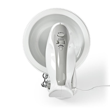 Nedis Kahm110CWT Batidora de mano 200 W 5 velocidades Función Turbo Bol giratorio 2 ganchos amasadores 2 batidores gris blanco