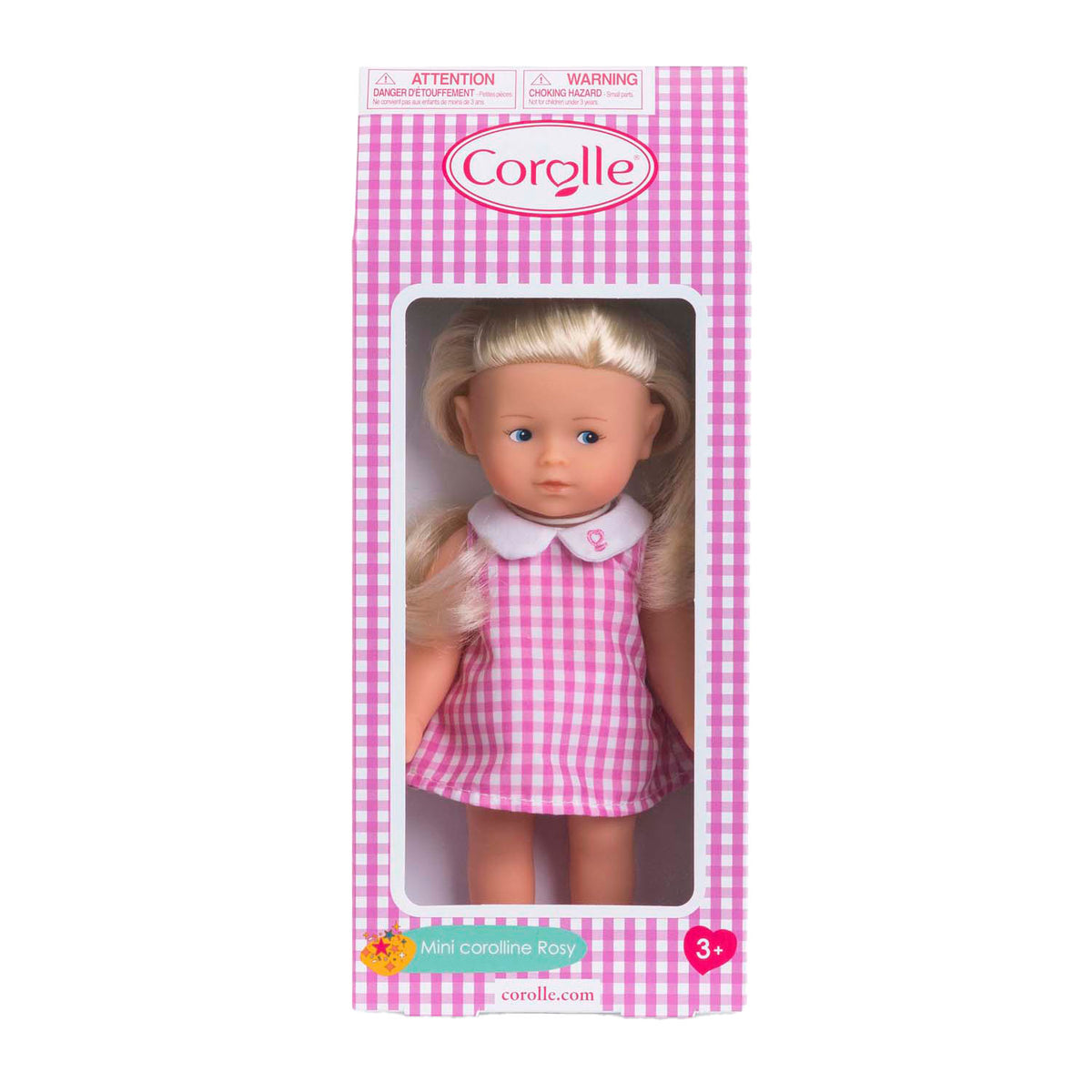 Muñeca bebé Corolle mini corolline rosy con muñeca vestido de cuadros rosa.