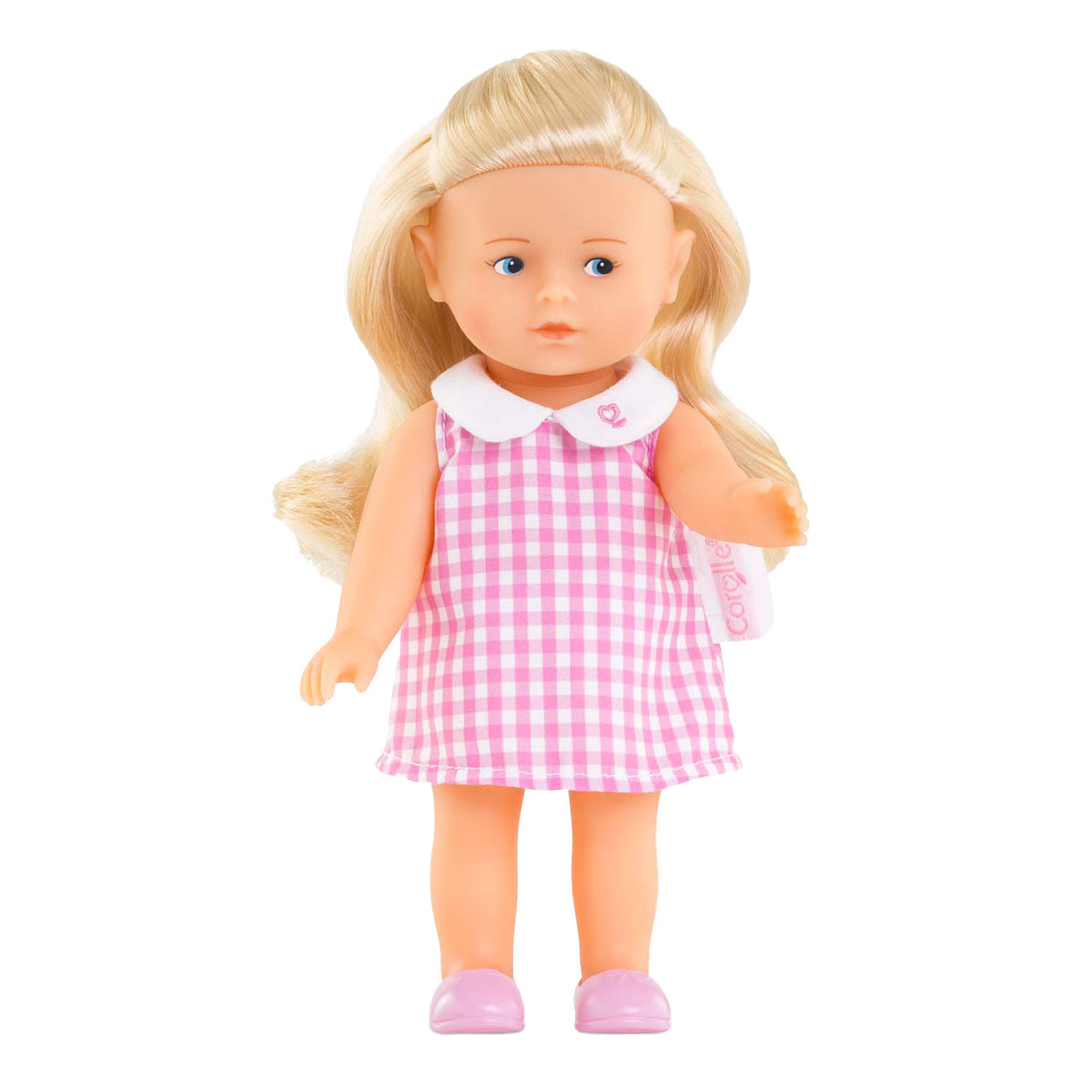 Muñeca bebé Corolle mini corolline rosy con muñeca vestido de cuadros rosa.