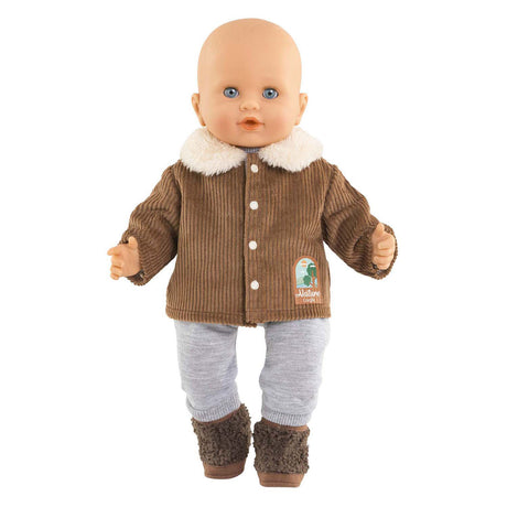 Chaqueta muñeca Corolle terciopelo pequeña exploradora 36cm polar marrón estampado natural.