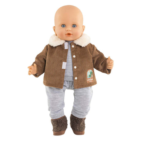 Chaqueta muñeca Corolle terciopelo pequeña exploradora 36cm polar marrón estampado natural.
