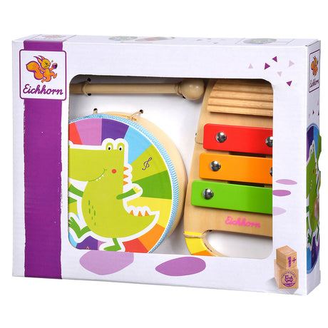 Juego de música de madera Eichhorn, tambor y xilófono, juguetes musicales coloridos.