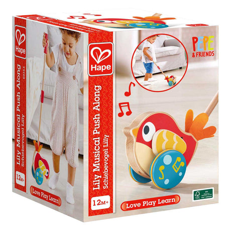 Palo de empuje de madera con sonido Hape Lilly Bird