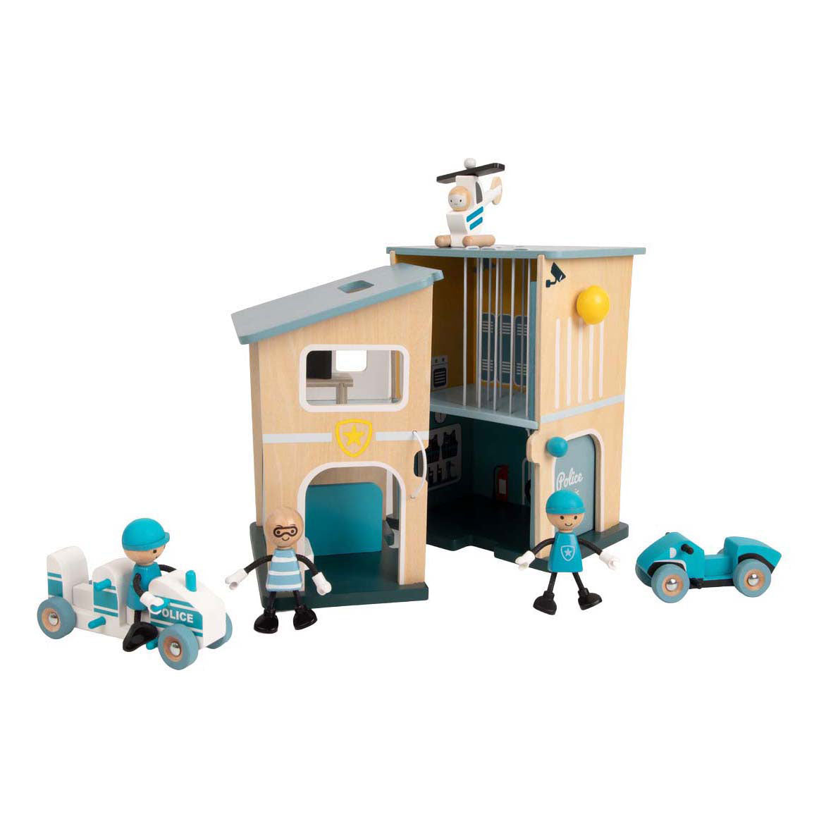 Set de juego de comisaría de policía de madera del mundo clásico para niños.