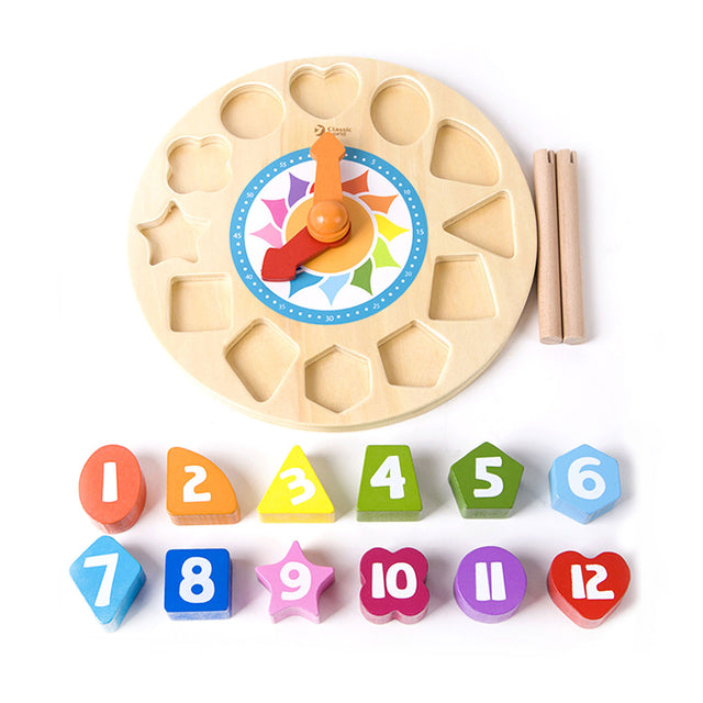 Reloj educativo de madera Classic World con formas de tic-tac, 15 uds.