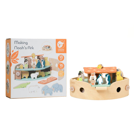 Juego de construcción de barcos Arca de Noé de madera del mundo clásico con animales, 16 piezas.