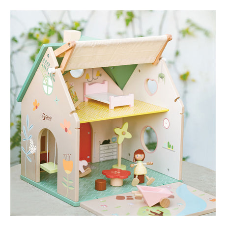 Casa de muñecas de madera del mundo clásico - casa de muñecas con jardín y accesorios.