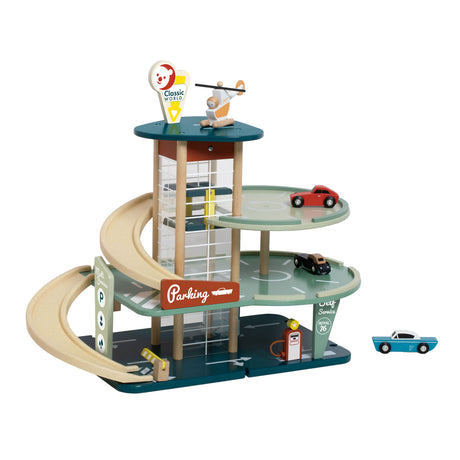 Juguetes de garaje vintage de madera del mundo clásico con coches y ascensor, 11 piezas.