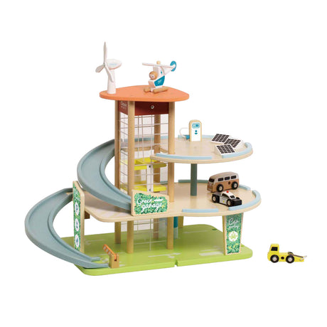 Garaje de juguete de madera Classic World sostenible con accesorios de 19 piezas.