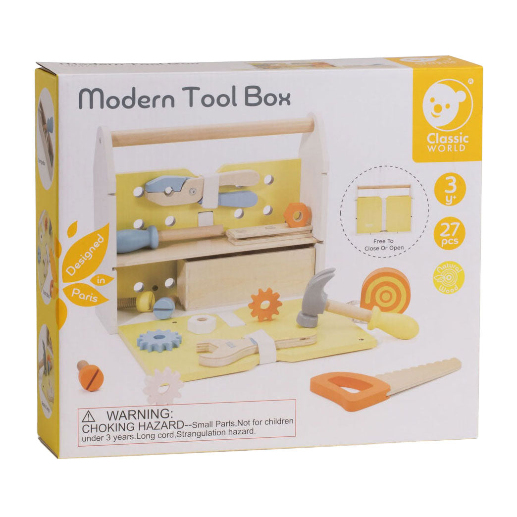 Caja de herramientas de madera del mundo clásico moderno - juego de juguetes 27 piezas.