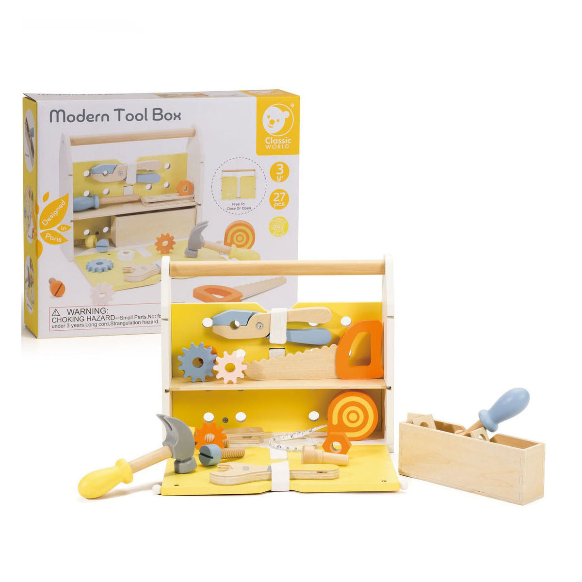 Caja de herramientas de madera del mundo clásico moderno - juego de juguetes 27 piezas.