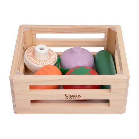 Cajón de madera del mundo clásico con verduras.