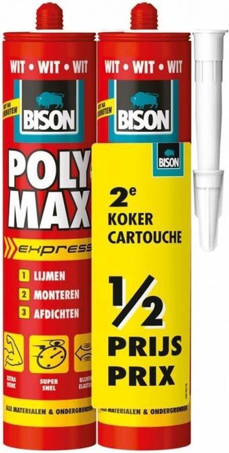 Bison poly max express white 2x 425gr, embalaje dúo, 2.º tubo a mitad de precio, - adhesivo de montaje, pegado, montaje y sellado, tecnología SMP única, sin disolventes, para interiores y exteriores, casi todas las superficies