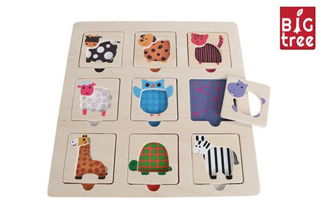 Puzzle de madera con incrustaciones de árbol grande encuentra el animal 9 piezas