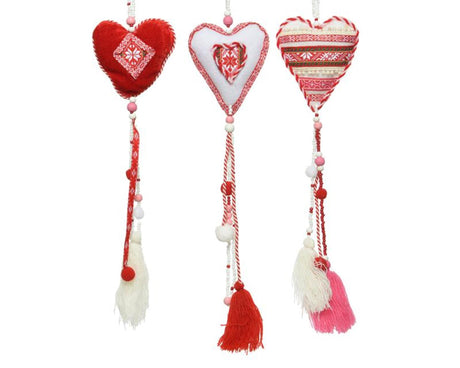 Decoris colgante decorativo corazón textil 9x1,5x55cm rojo-blanco con borlas y cuentas