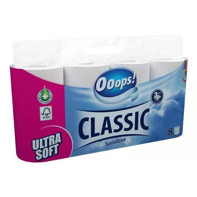 ¡Ooops! Paquete de papel higiénico sensitive de 8 rollos de 3 capas