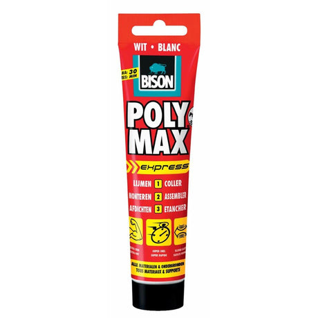 Bison poly max express tubo blanco 165 gramos, adhesivo de montaje, pegado, montaje y sellado, tecnología SMP única, sin disolventes, interior y exterior, casi todas las superficies