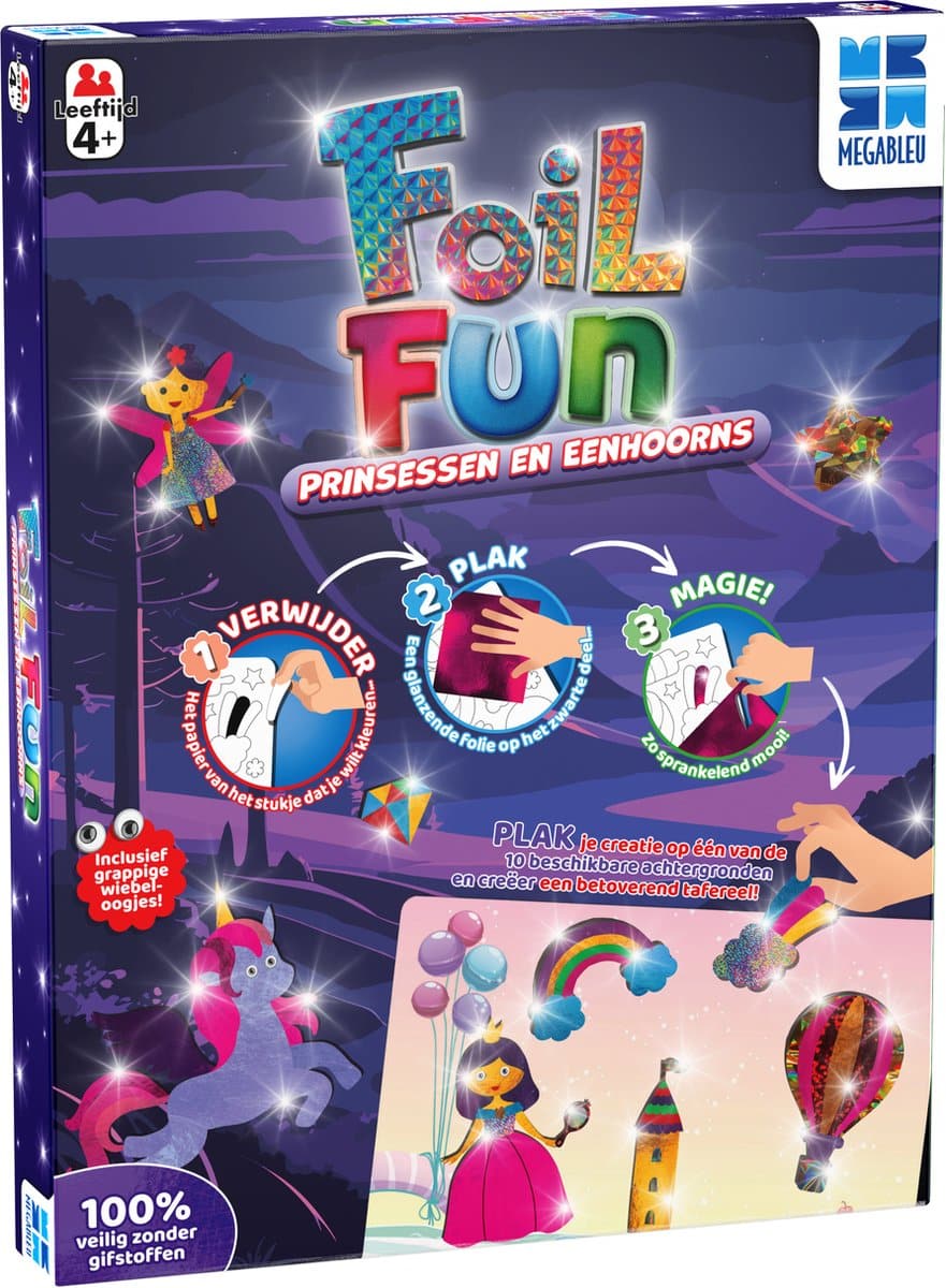 Megableu foil fun: princesas y unicornios - juego de manualidades creativo para niños - manualidades con papel de aluminio y pegatinas - hacer obras de arte sin ensuciar