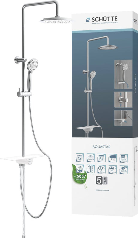 Sistema de ducha Schütte aquastar - ducha de lluvia - estante integrado - con pulsador desviador - cromo blanco