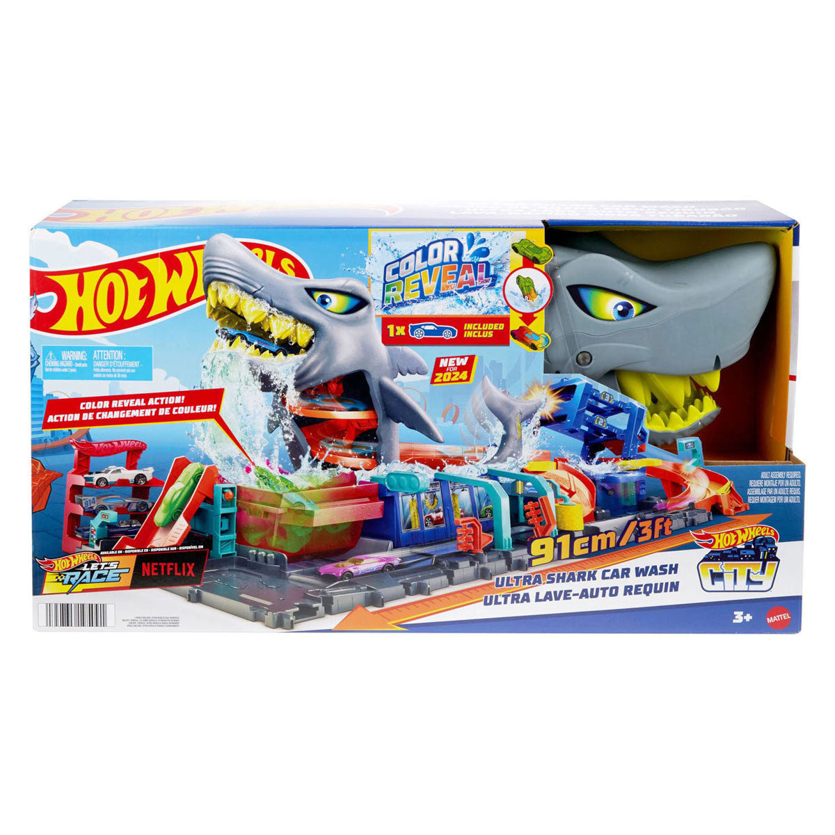 Hot Wheels City Shark Attack en el Car Wash - con coche de juguete con sorpresa de color