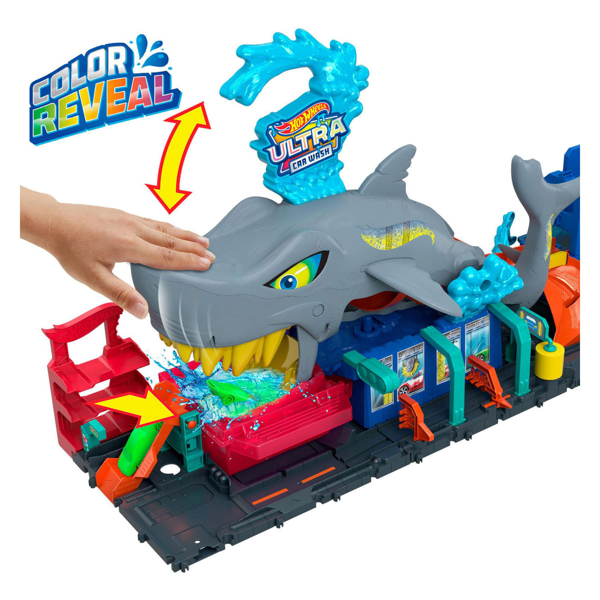 Hot Wheels City Shark Attack en el Car Wash - con coche de juguete con sorpresa de color