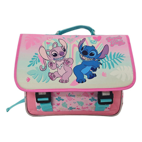 Mochila escolar Disney Stitch Love con 2 compartimentos y bolsillo delantero.