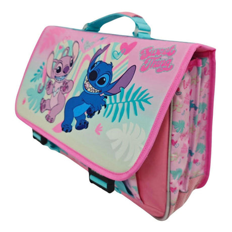 Mochila escolar Disney Stitch Love con 2 compartimentos y bolsillo delantero.