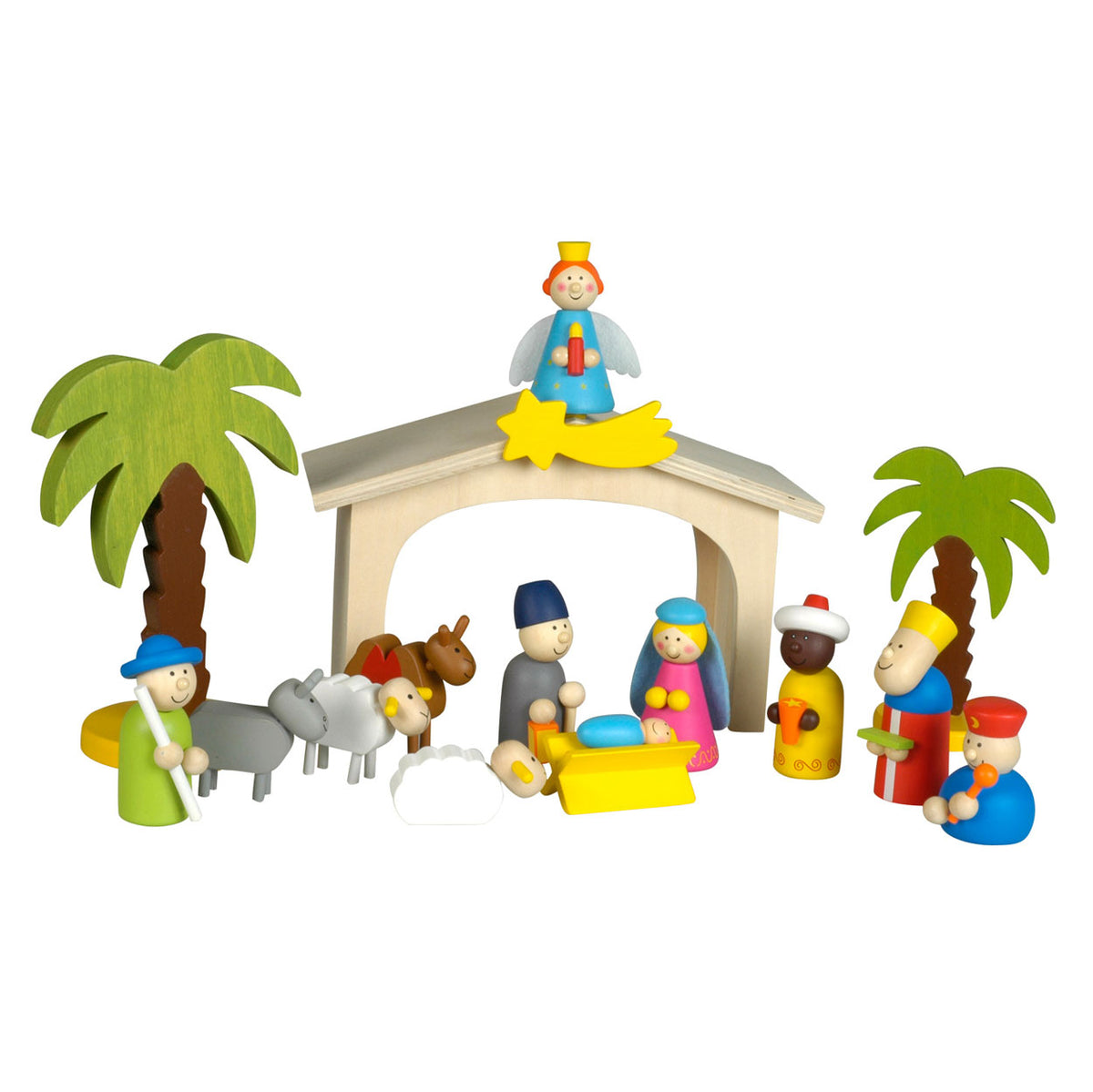 Belén de madera con figuras de juego.
