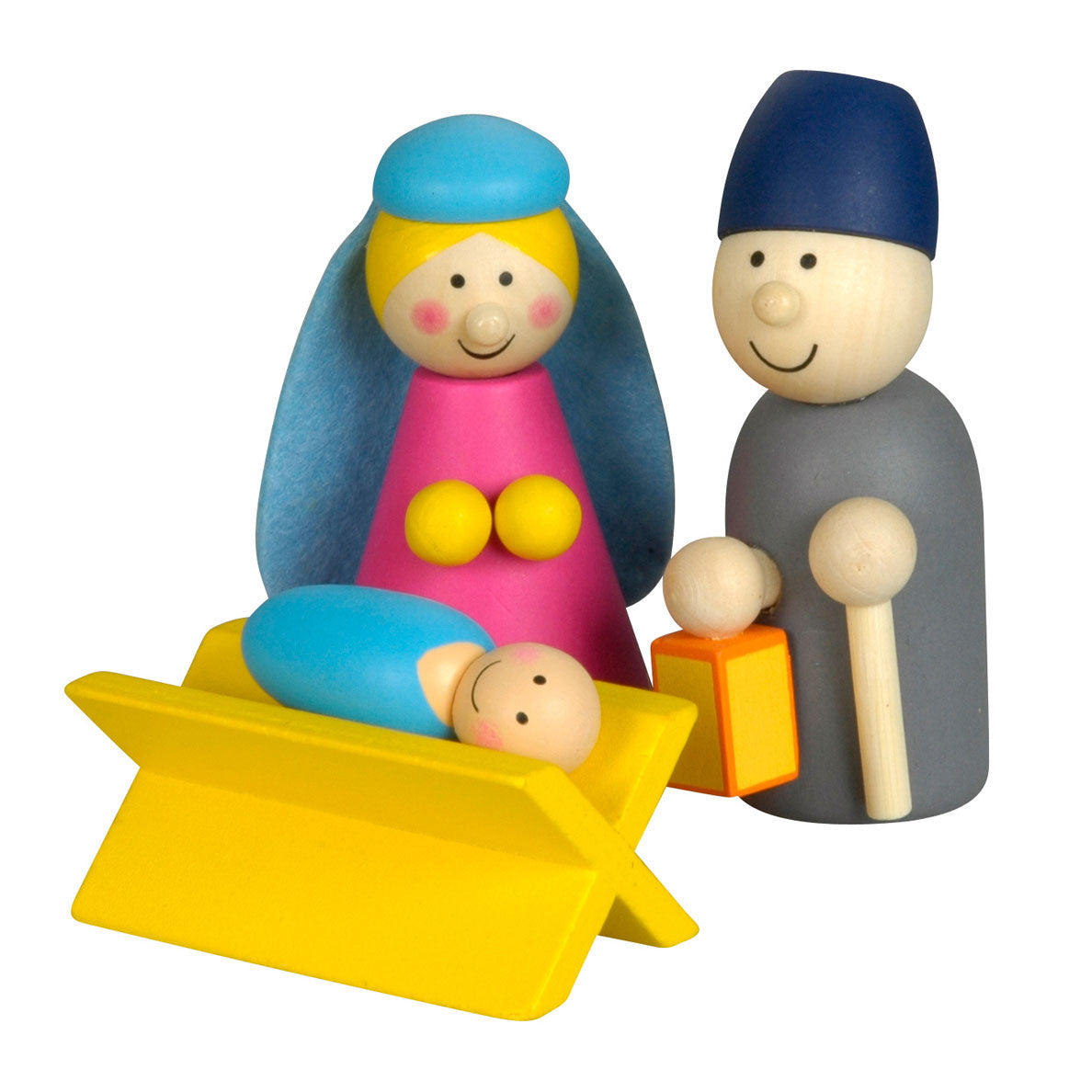 Belén de madera con figuras de juego.