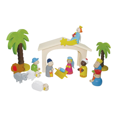 Belén de madera con figuras de juego.
