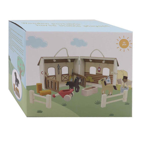 Set de juego portátil de madera con establo para caballos, 13 piezas.