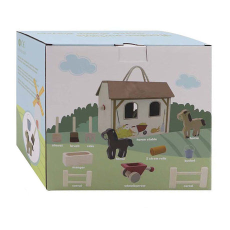 Set de juego portátil de madera con establo para caballos, 13 piezas.